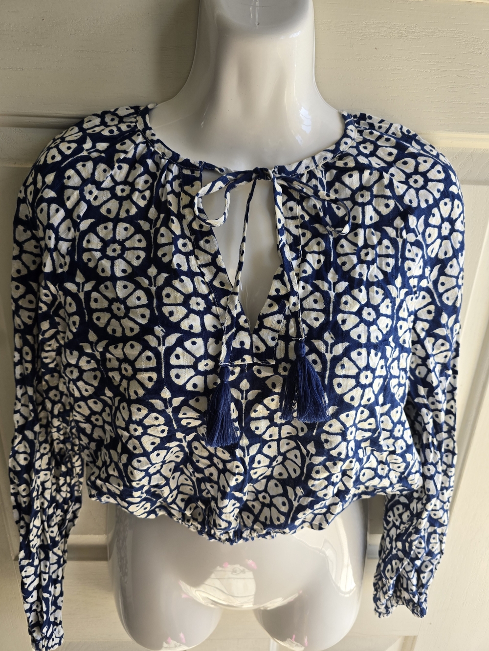 Women’s Navy and White Printed Tie-Front Blouse